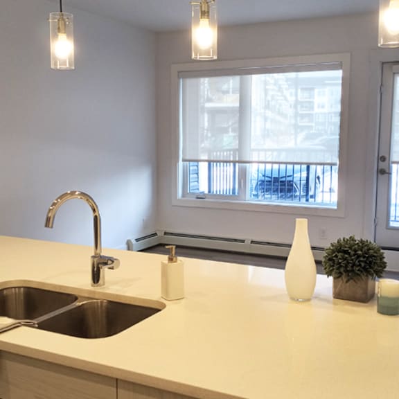 a kitchen counter with a sink and a window in the background.