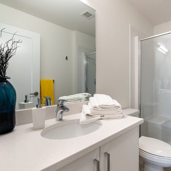 a bathroom with a white countertop and a white toilet.