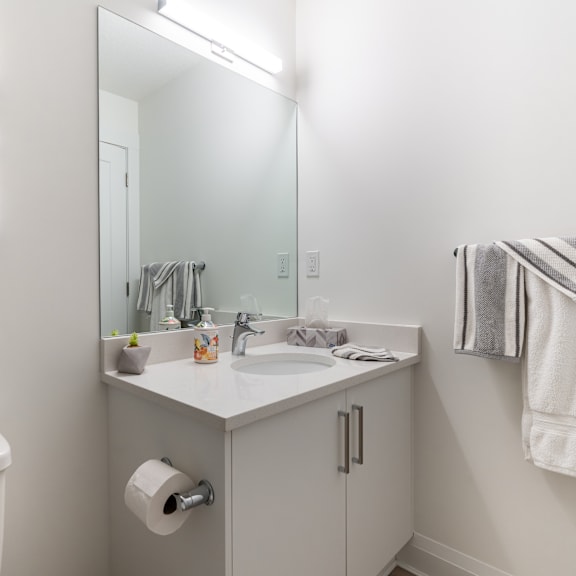 a bathroom with a white sink and a mirror above it.