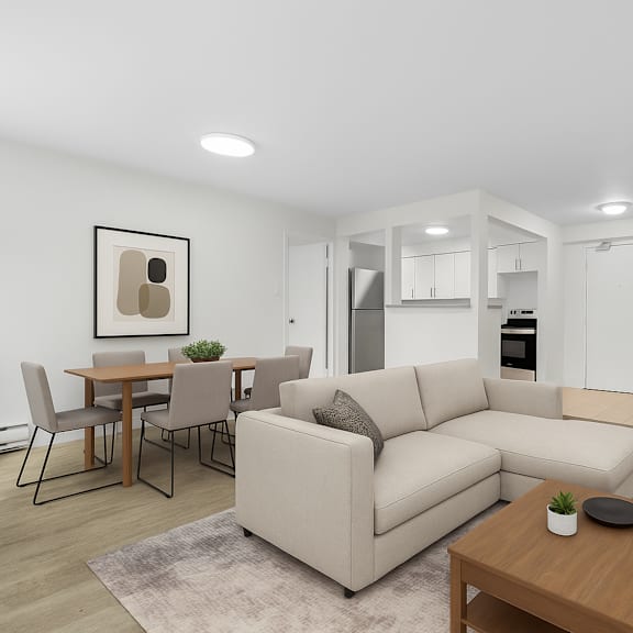 a modern living room with a beige sofa, a wooden coffee table, and a dining table with chairs.