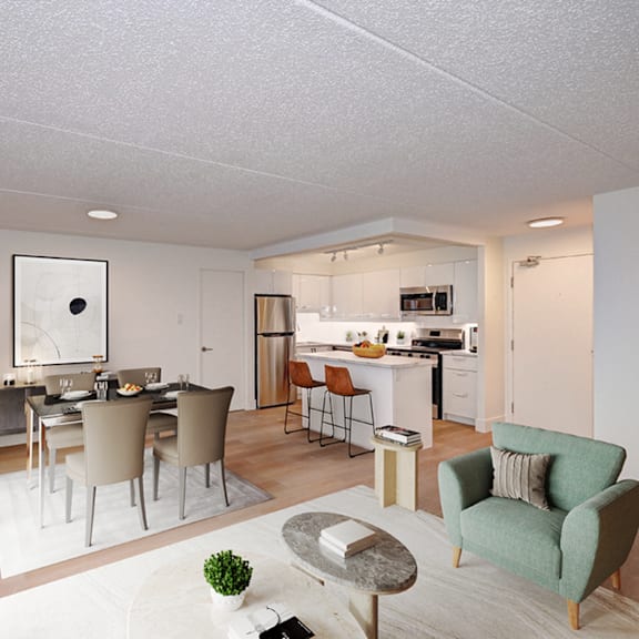 a modern living room with a dining area and kitchen in the background.