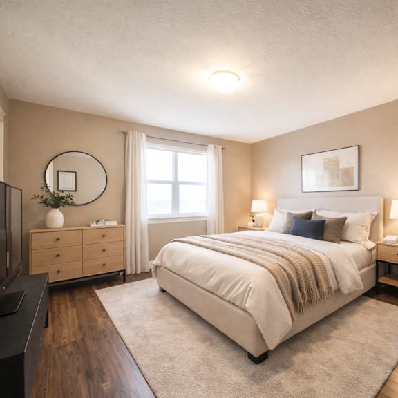 a well-lit bedroom with a large bed, a television, and a dresser.