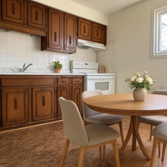 a kitchen with a table and chairs.