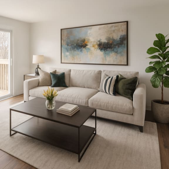 a living room with a white sofa, a coffee table, and a painting on the wall.