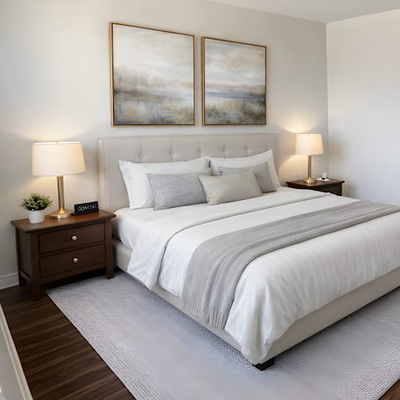 a bedroom with a large bed, two lamps, and two framed pictures on the wall.