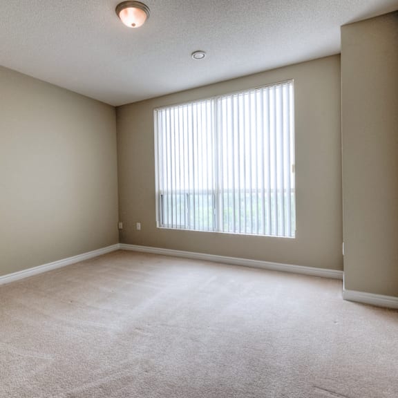 a room with a carpeted floor and a window with blinds.