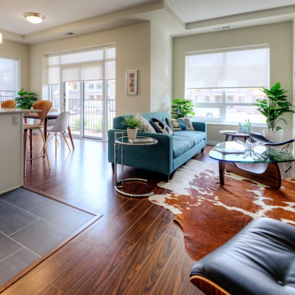 a living room with a blue couch and a cowhide rug.