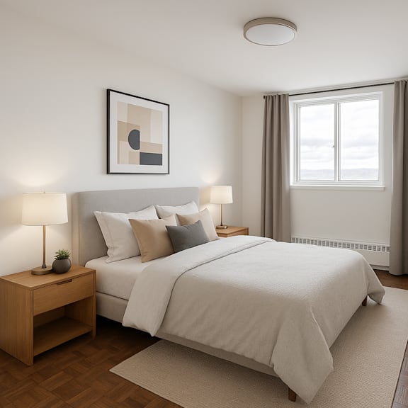 a bedroom with a large bed and a nightstand with a lamp.