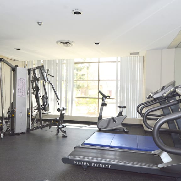 a gym with a treadmill, weights, and exercise equipment.
