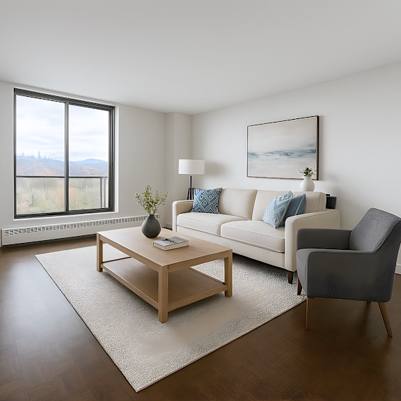 a living room with a white couch, a grey armchair, a wooden coffee table, and a large window.
