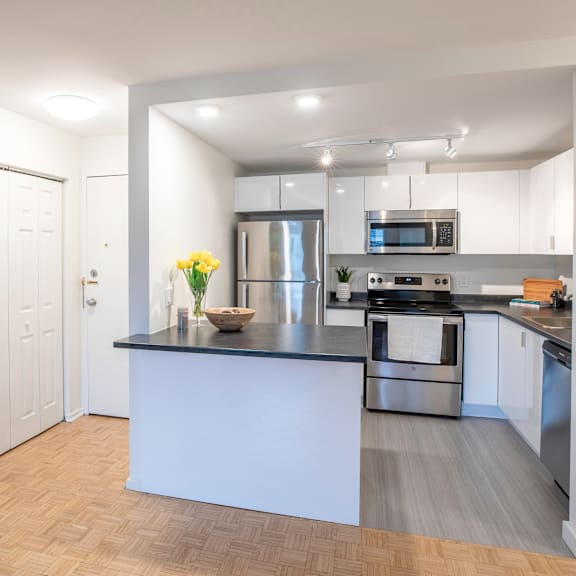a kitchen with a black countertop and stainless steel appliances.