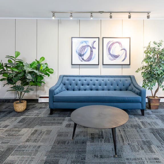 a blue sofa with a grey coffee table in front of it.