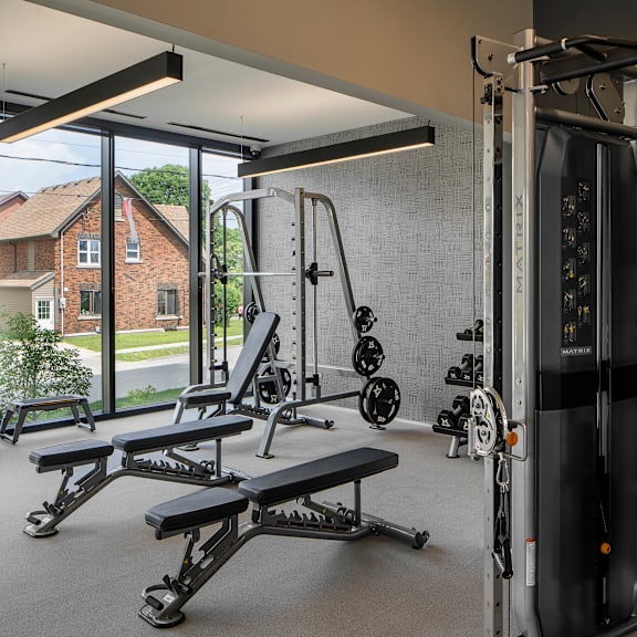 a home gym with a variety of equipment including a squat rack, bench, and weights.