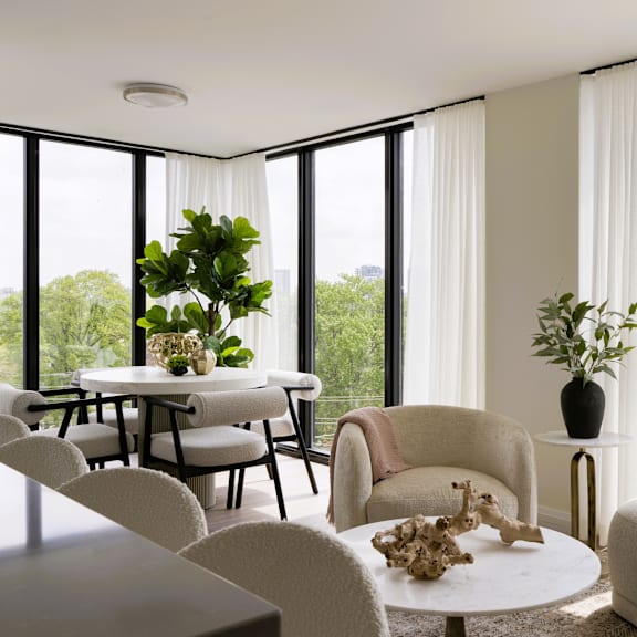 a living room with a table, chairs, and a potted plant.