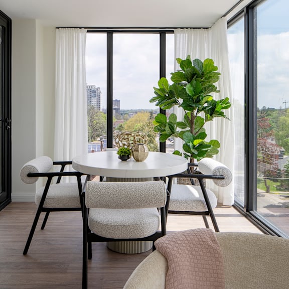 a dining room with a table and chairs and a potted plant.