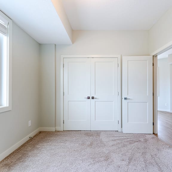 a room with two white doors and a carpeted floor.