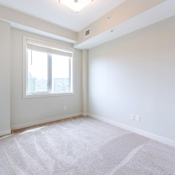 a room with a carpeted floor and a window.