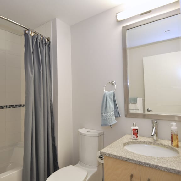 a bathroom with a white toilet, a sink, a mirror, and a shower with a grey curtain.