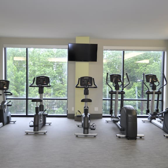 a gym with a row of exercise bikes and a television mounted on the wall.