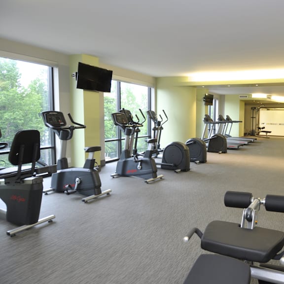a gym with a variety of exercise equipment including treadmills, stationary bikes, and weight machines.