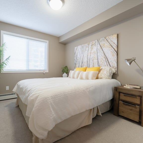 a bedroom with a large bed, a potted plant, and a lamp.