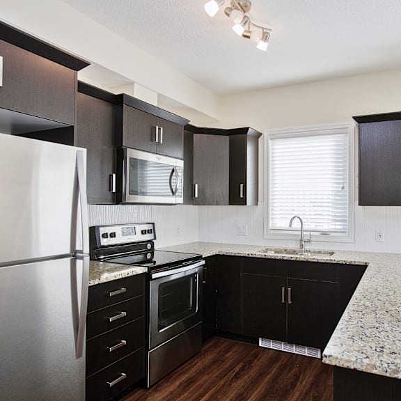 a kitchen with black cabinets and a granite countertop.