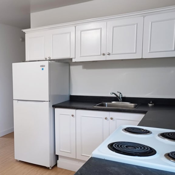 a white fridge in a kitchen with black countertops.