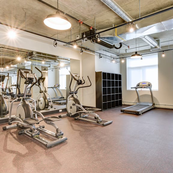 a gym with treadmills, elliptical machines, and other exercise equipment.