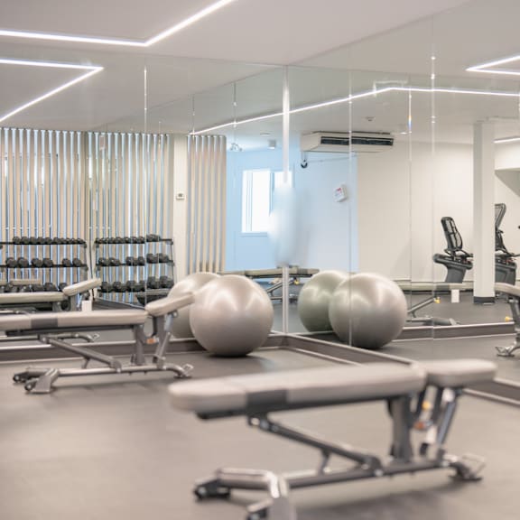 a gym with a variety of equipment including dumbbells, benches, and exercise balls.