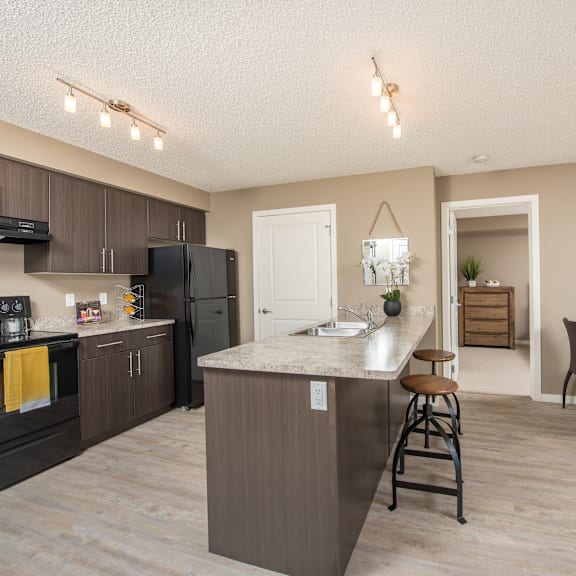 a kitchen with a black stove top oven and a black refrigerator.