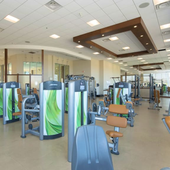 a gym with a variety of equipment including treadmills, weights, and exercise machines.