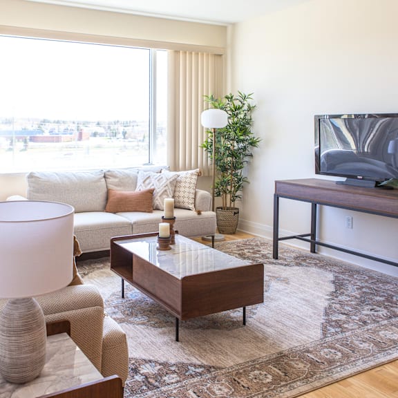 a living room with a couch, coffee table, and television.