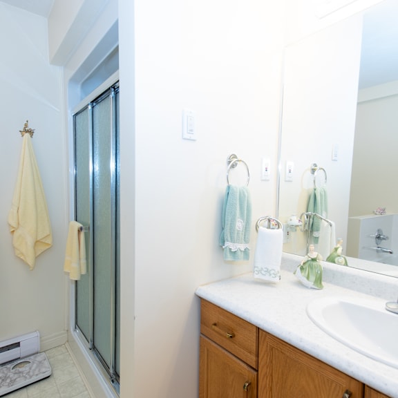 a bathroom with a white sink and a mirror.