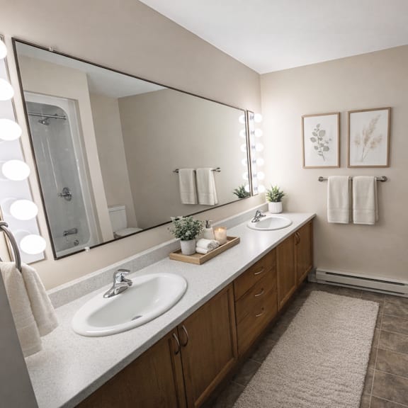 a bathroom with two sinks and a large mirror.