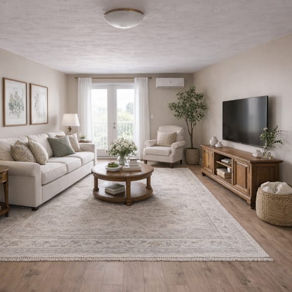 a well-lit living room with a large couch, a coffee table, and a flat-screen tv.