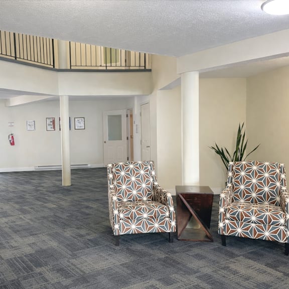 two patterned chairs sit in a waiting room with a coffee table and a plant.