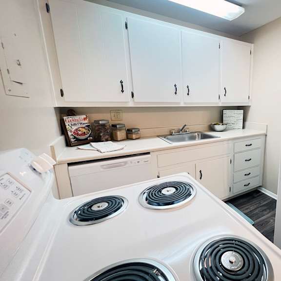 a white stove with two burners is in a kitchen with white cabinets.