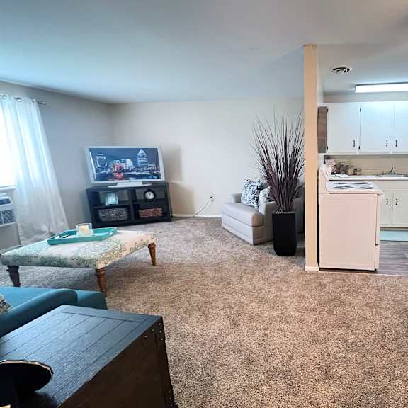 a living room with a couch, a table, and a television.