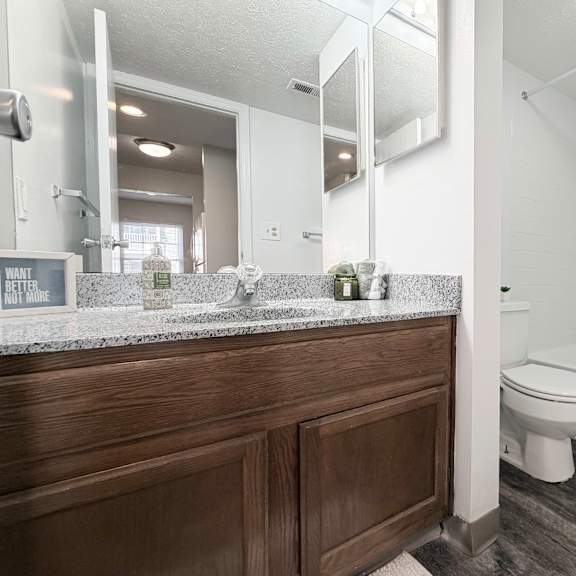 a bathroom with a wooden vanity and a white toilet.