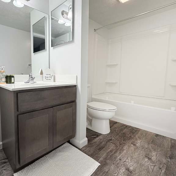 a bathroom with a white toilet and a white bathtub.