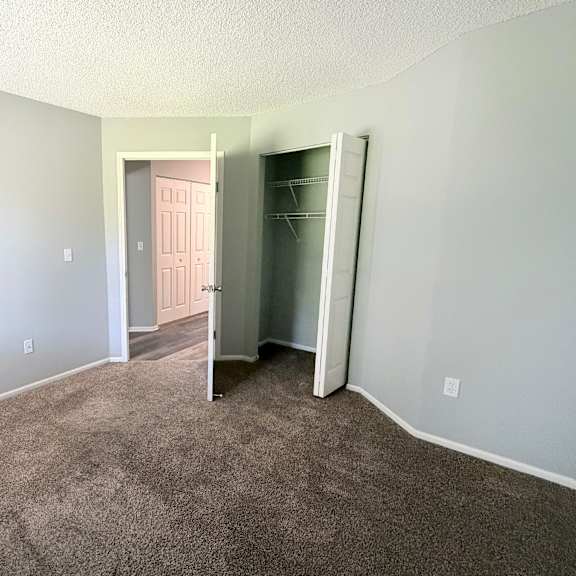 a room with a carpeted floor and a doorway leading to another room.