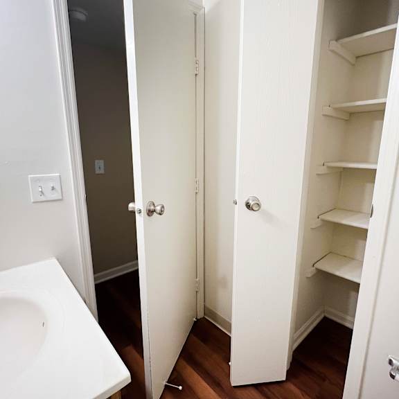 a white bathroom with a sink and a white closet.