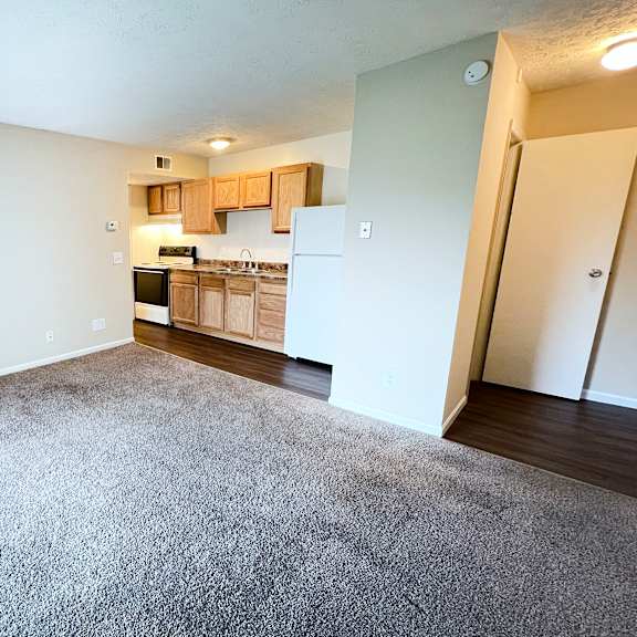 a room with a carpeted floor and a kitchen area in the background at crown crossing apartments, amelia, ohio 45102