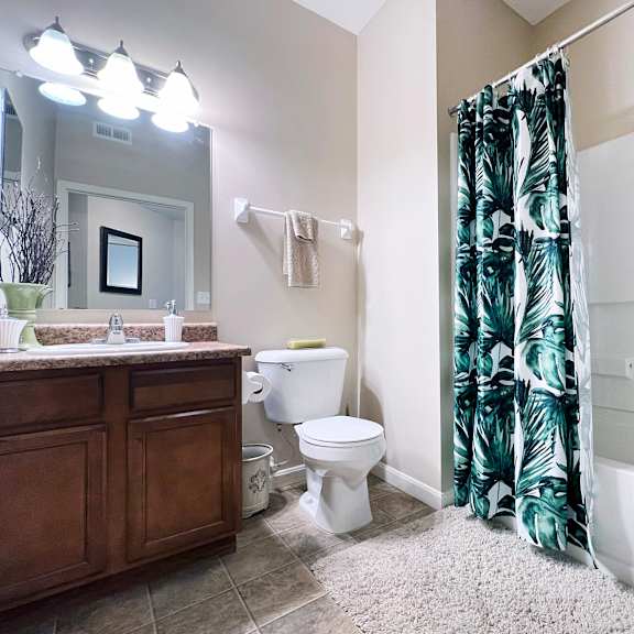 a bathroom with a toilet, sink, and shower.