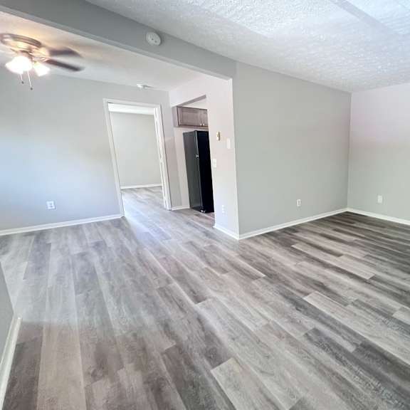 a room with a ceiling fan and wood flooring.