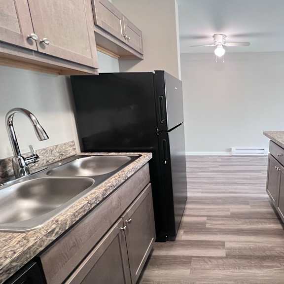a kitchen with a black refrigerator and granite countertops.