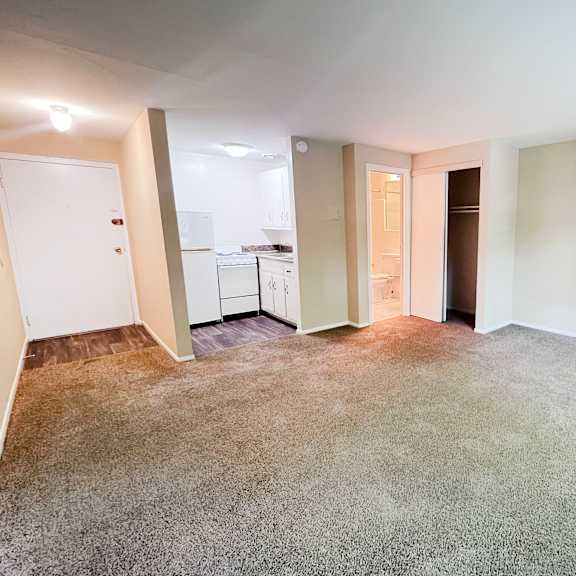 efficiency: a spacious room with a carpeted floor and white walls.