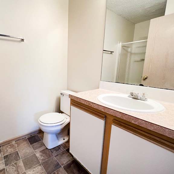 a bathroom with a sink and a toilet and a mirror at eagle crest apartments, galloway, 43119