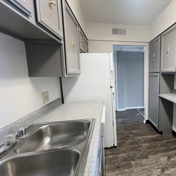 a kitchen with a sink and cabinets.