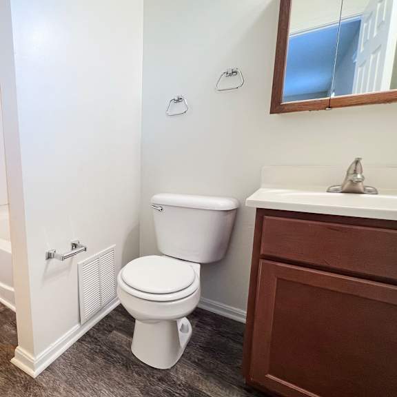 a white toilet sits next to a sink in a bathroom.